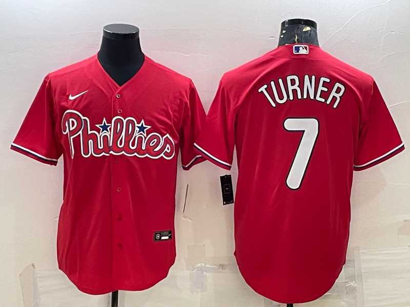 Mens Philadelphia Phillies #7 Trea Turner Red Cool Base Stitched Baseball Jersey